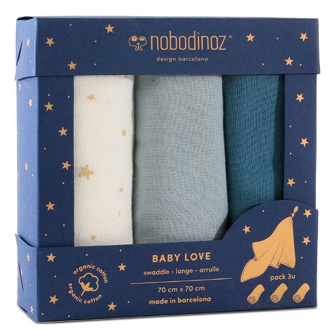 Nobodinoz - Box 3 Baby Love Swaddles Blue