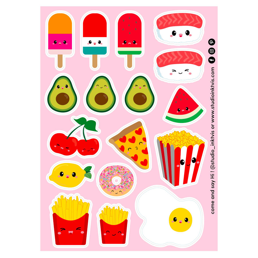 Stickerbogen Vinyl - Sushi Obst und Fast Food - 17 Stk